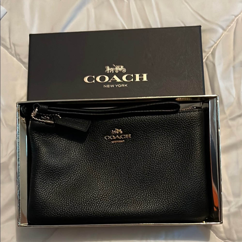 Coach Black Wristlet with Textured Finish and Gold Logo
